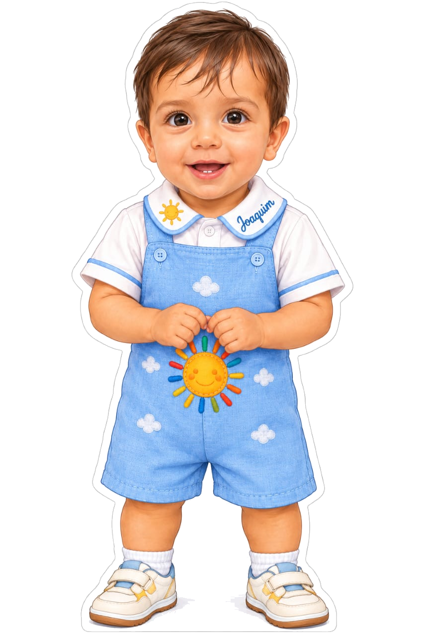 Ilustração do Joaquim sorrindo, com jardineira azul e um sol no peito
